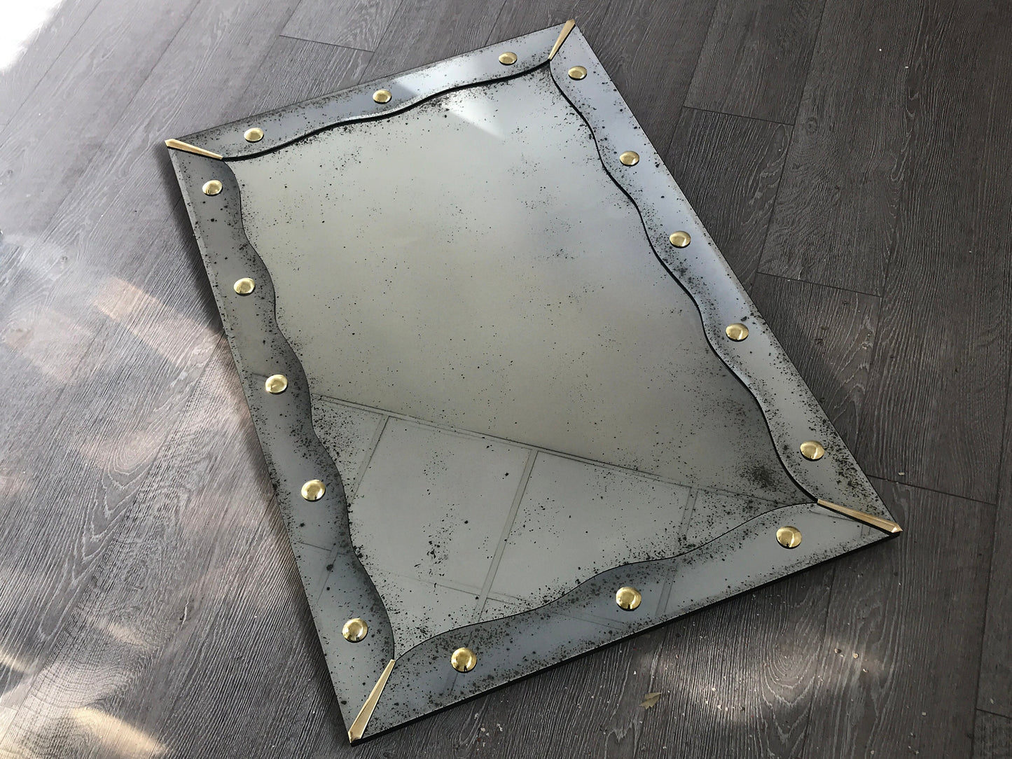 Antiqued Mirror with Brass Detailed, Large Wall Mirror, Frameless Antiqued Mirror, Handmade Antiqued Style, Beveled Mirror