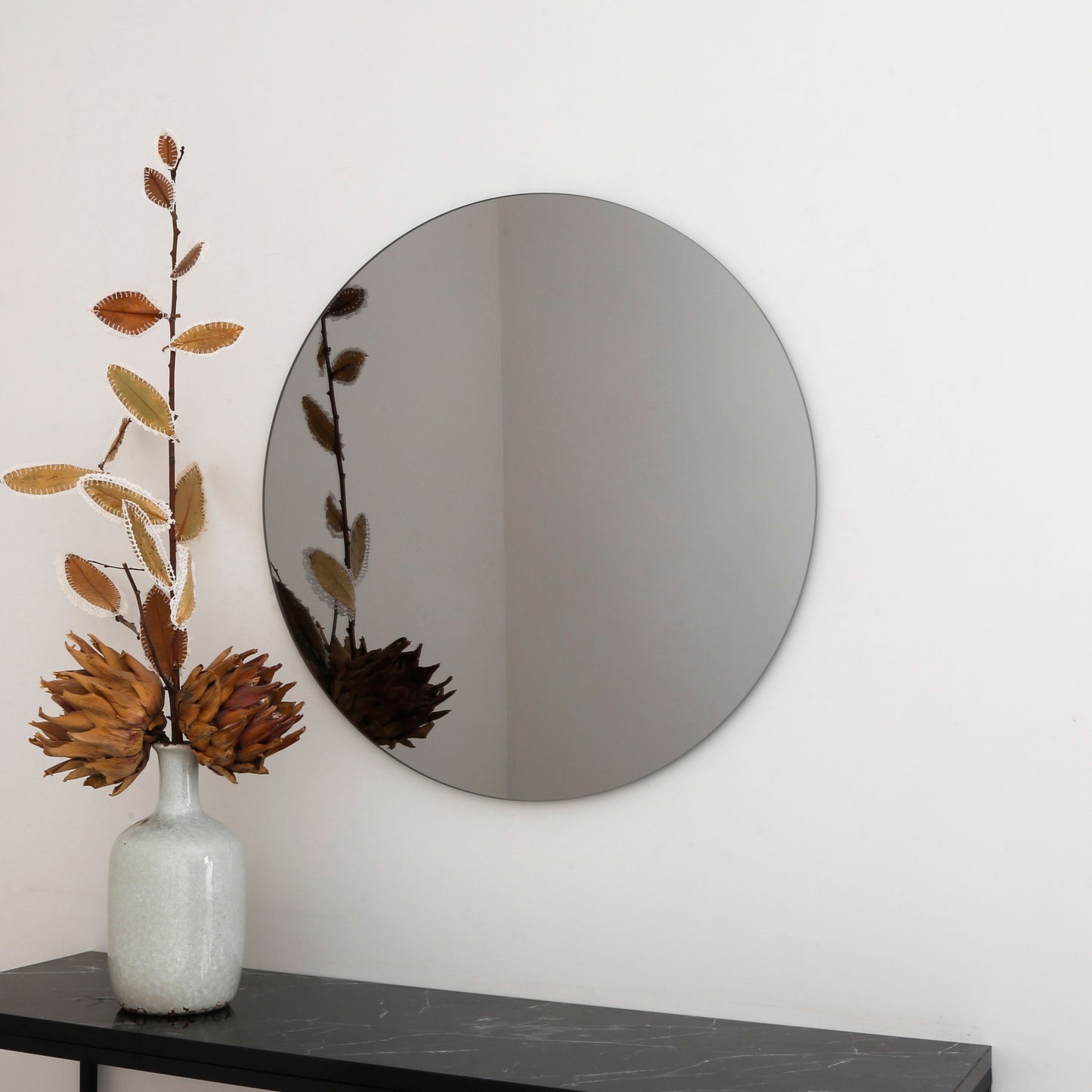 Black Tinted Contemporary Round Frameless Mirror, Minimalist Mirror
