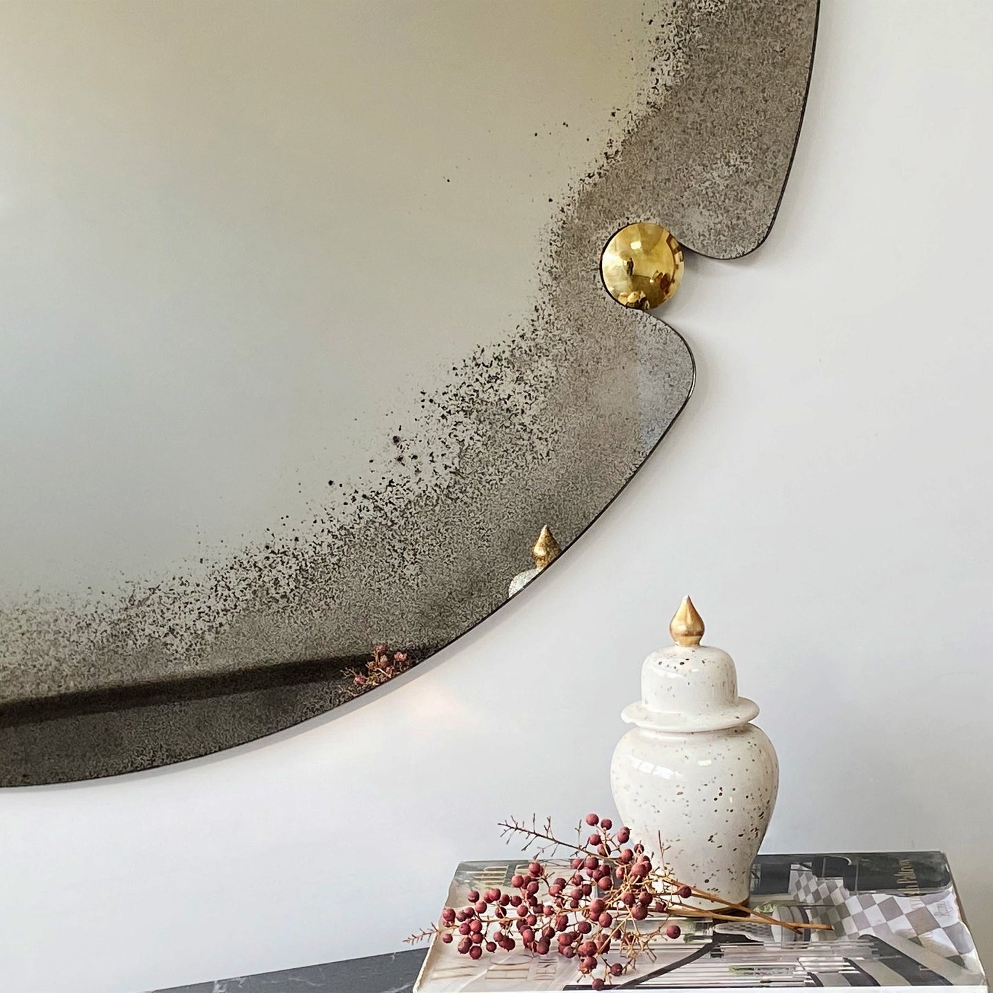 Round Antiqued Mirror with Brass Convex Detailed, Large Wall Mirror, Frameless Antiqued Mirror, Handmade Antiqued Style