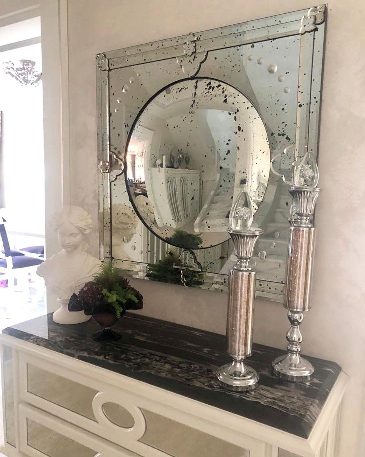 Beveled Antiqued Square Mirror with Convex Mirror, Convex Mirror, Glass Wall Mounted Mirror, OTTO Mirror, Hand crafted