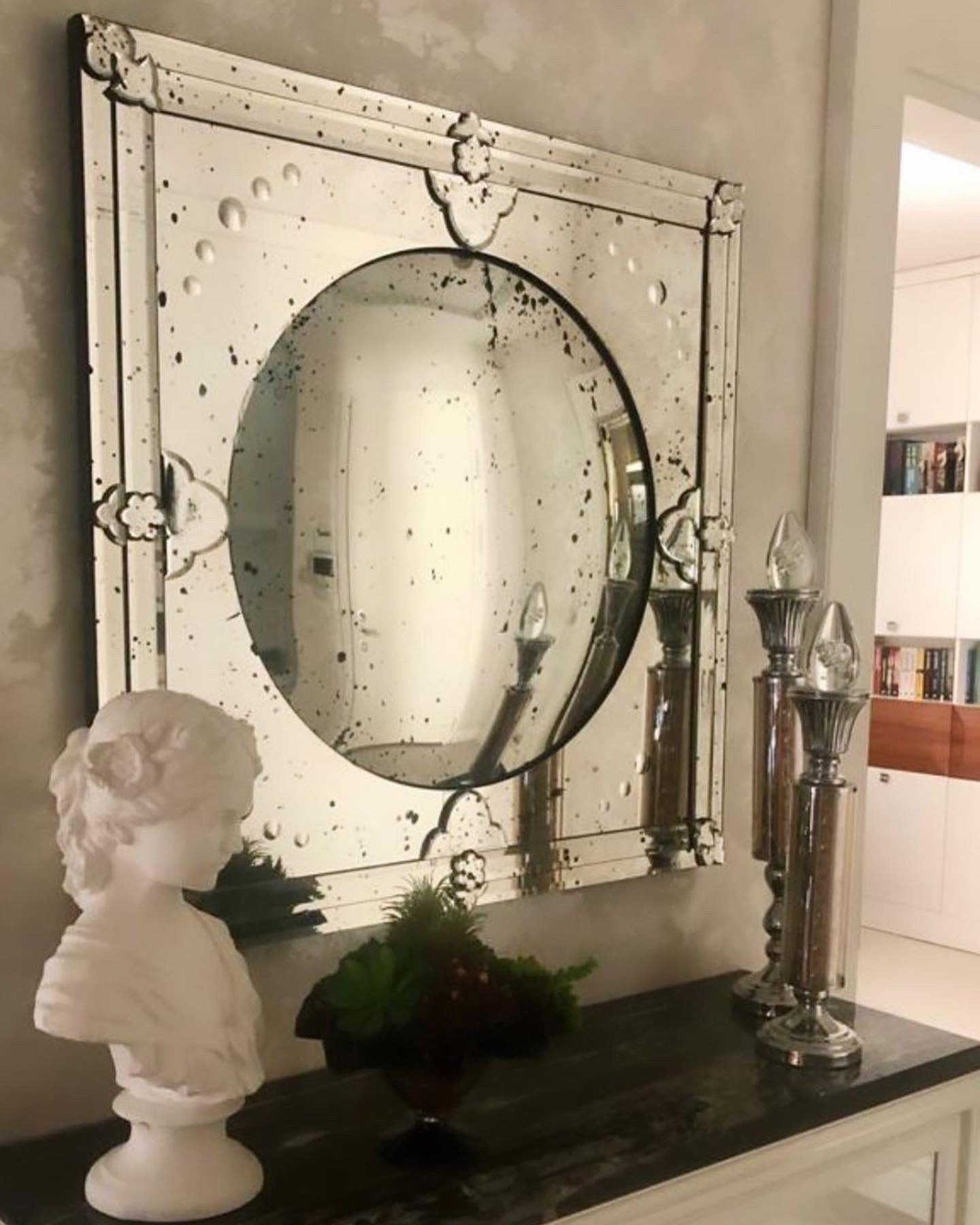 Beveled Antiqued Square Mirror with Convex Mirror, Convex Mirror, Glass Wall Mounted Mirror, OTTO Mirror, Hand crafted