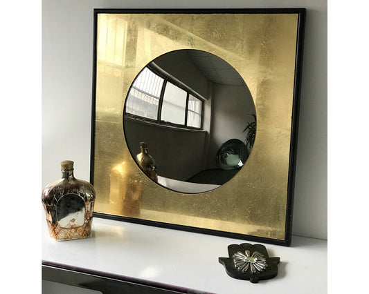 Square Mirror with Bronze Convex Mirror, Convex Mirror, Verre Eglomise, Gold Mirror, Gold Leaf, Hand crafted, Mirror Wall Decor