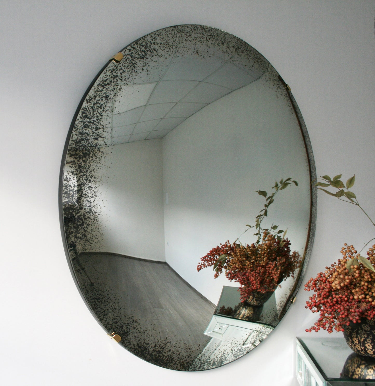 Antiqued Convex Mirror with Brass Clips, Hand crafted, Antiqued Wall Mirror, Curve Mirror, Wall Decor, Space Age