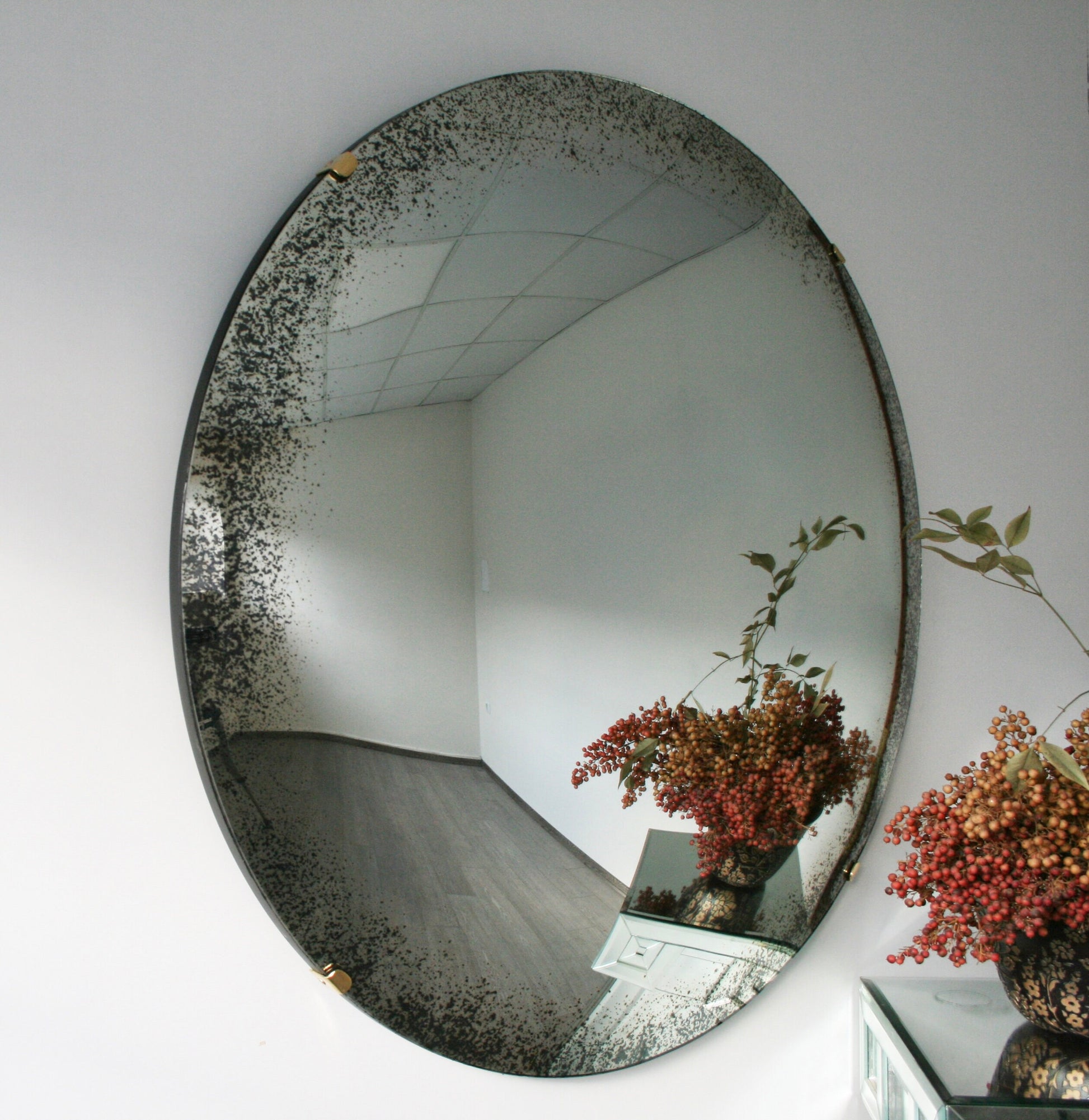 Antiqued Convex Mirror with Brass Clips, Hand crafted, Antiqued Wall Mirror, Curve Mirror, Wall Decor, Space Age