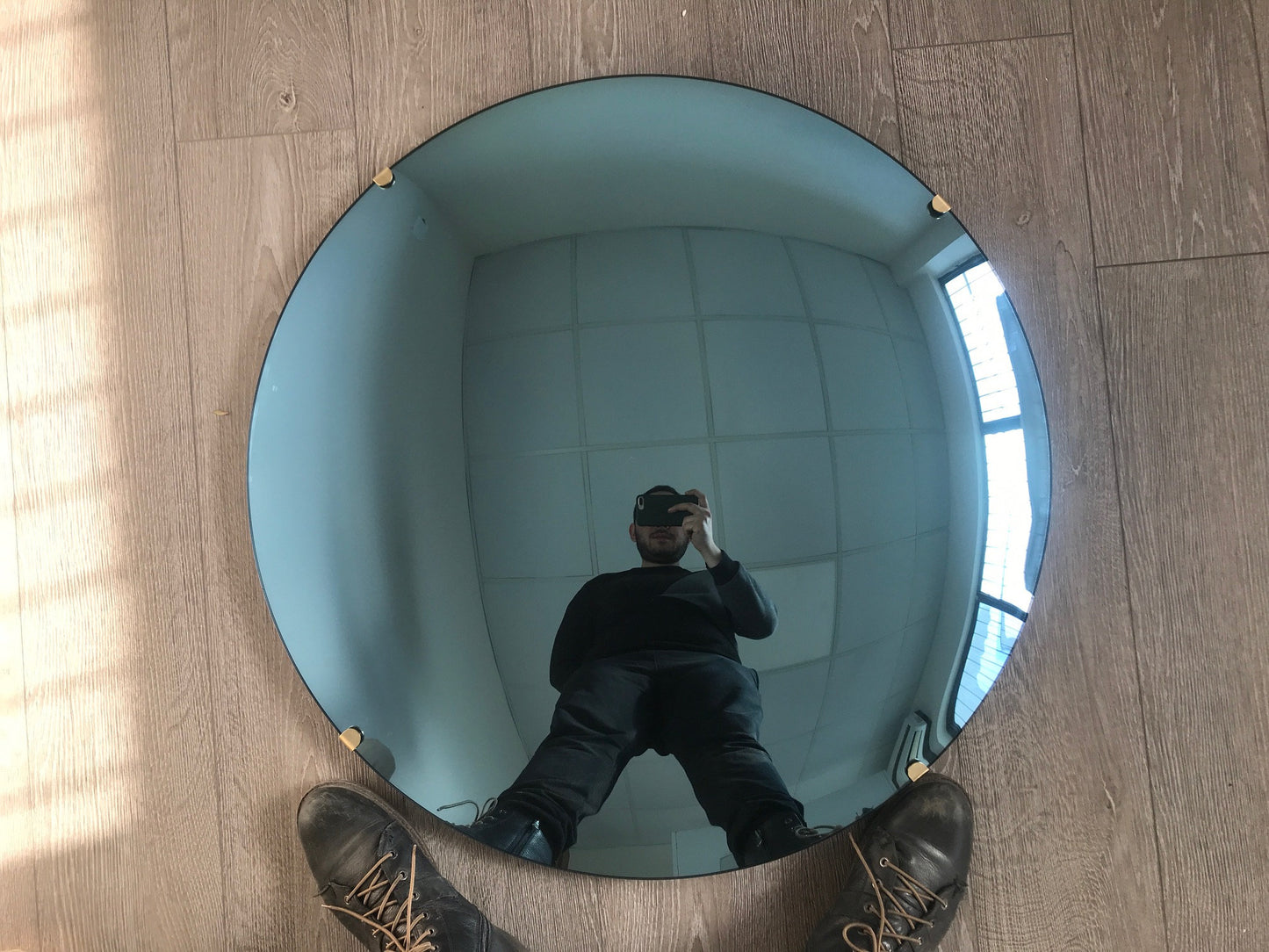 Blue Tinted Convex Mirror with Brass Clips, Hand crafted, Wall Mirror, Tinted Mirror, Blue Mirror, Space Age Decor, Contemporary, Curve