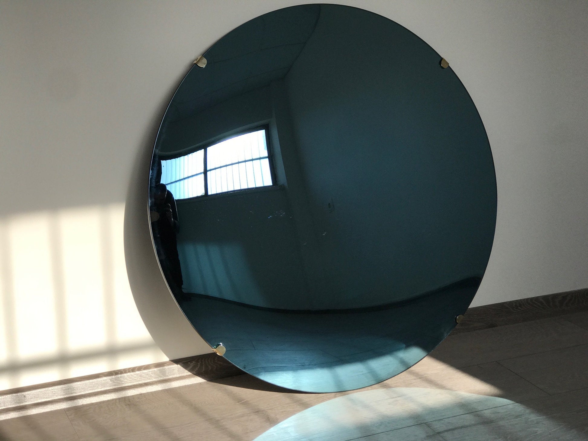 Blue Tinted Convex Mirror with Brass Clips, Hand crafted, Wall Mirror, Tinted Mirror, Blue Mirror, Space Age Decor, Contemporary, Curve