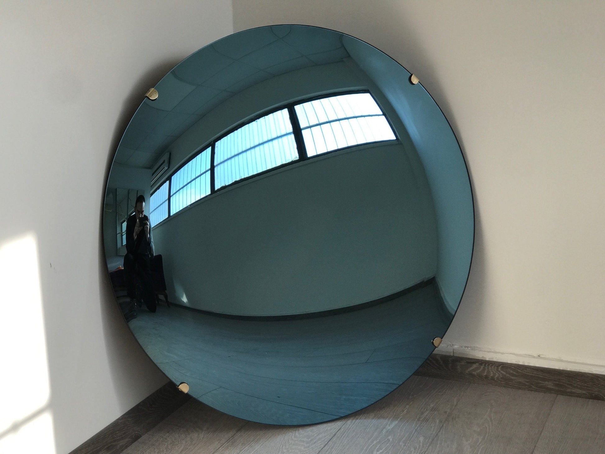 Blue Tinted Convex Mirror with Brass Clips, Hand crafted, Wall Mirror, Tinted Mirror, Blue Mirror, Space Age Decor, Contemporary, Curve