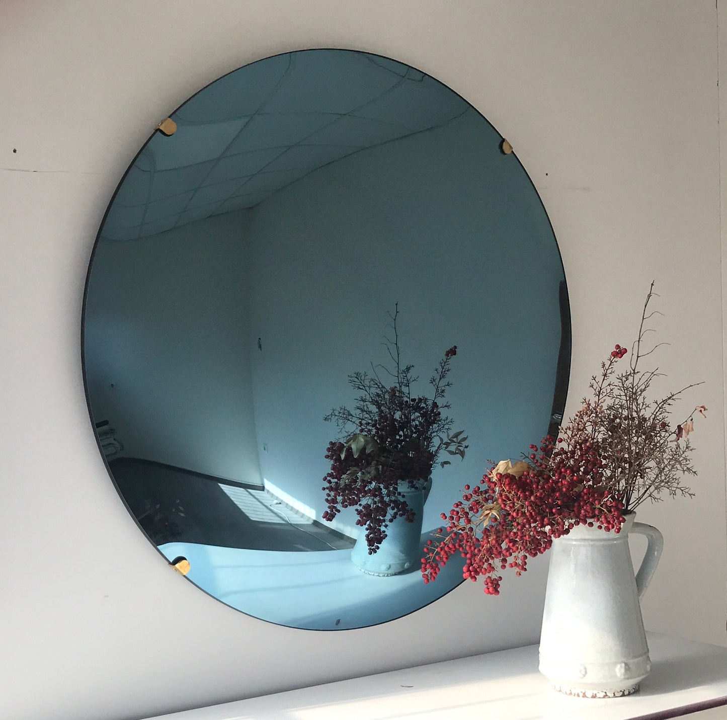 Blue Tinted Convex Mirror with Brass Clips, Hand crafted, Wall Mirror, Tinted Mirror, Blue Mirror, Space Age Decor, Contemporary, Curve