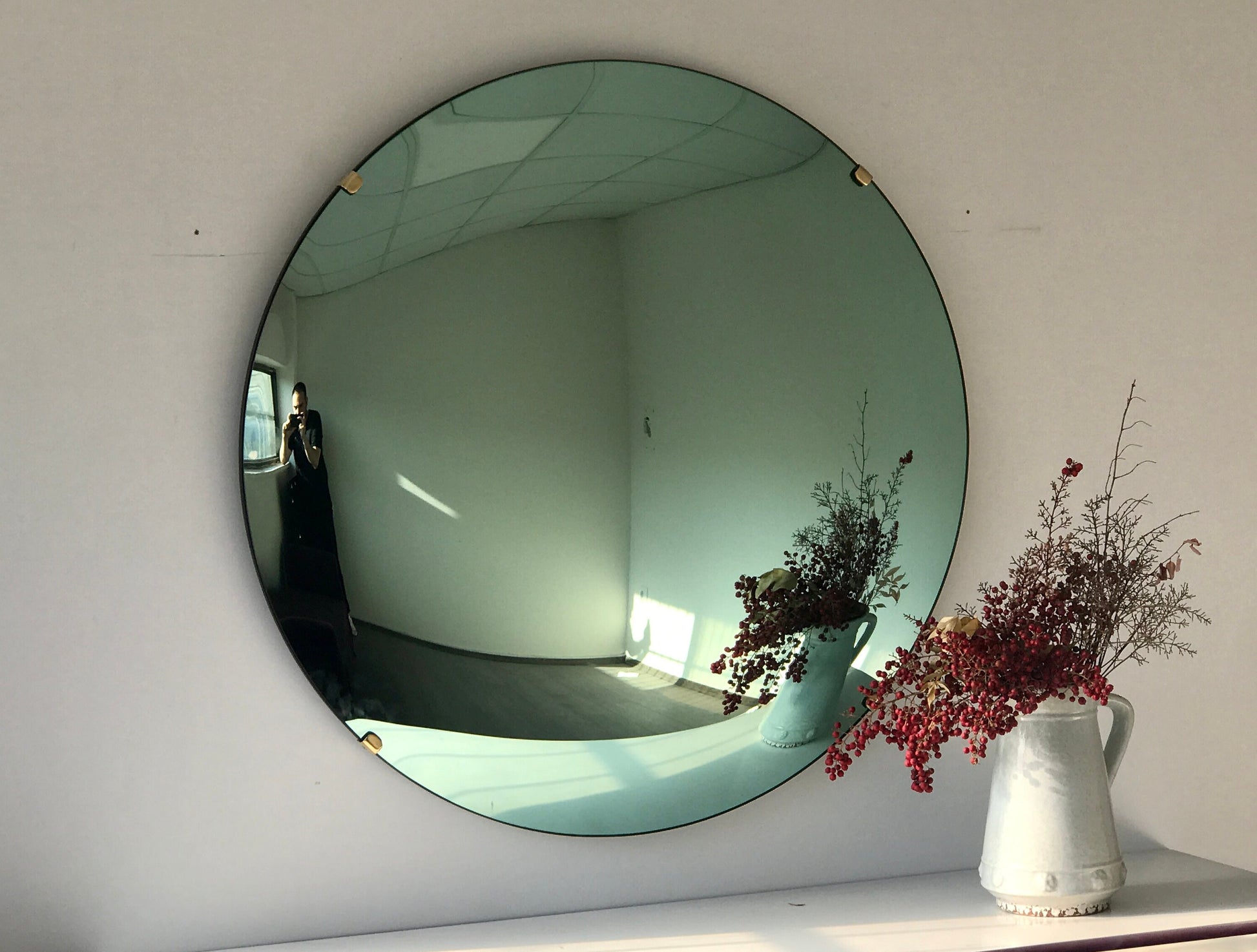 Green Tinted Convex Mirror with Brass Clips, Hand crafted, Wall Mirror, Tinted Mirror, Green Mirror, Space Age Decor, Contemporary, Curve