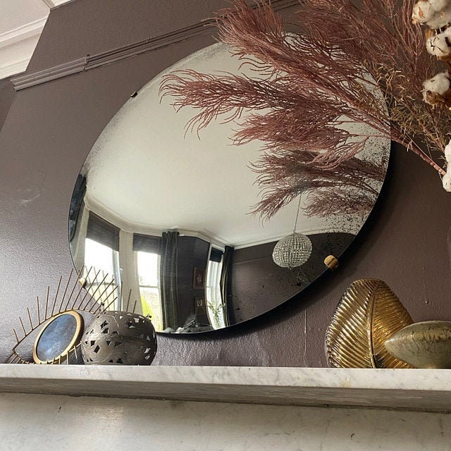 Antiqued Convex Mirror with Brass Clips, Hand crafted, Antiqued Wall Mirror, Curve Mirror, Wall Decor, Space Age