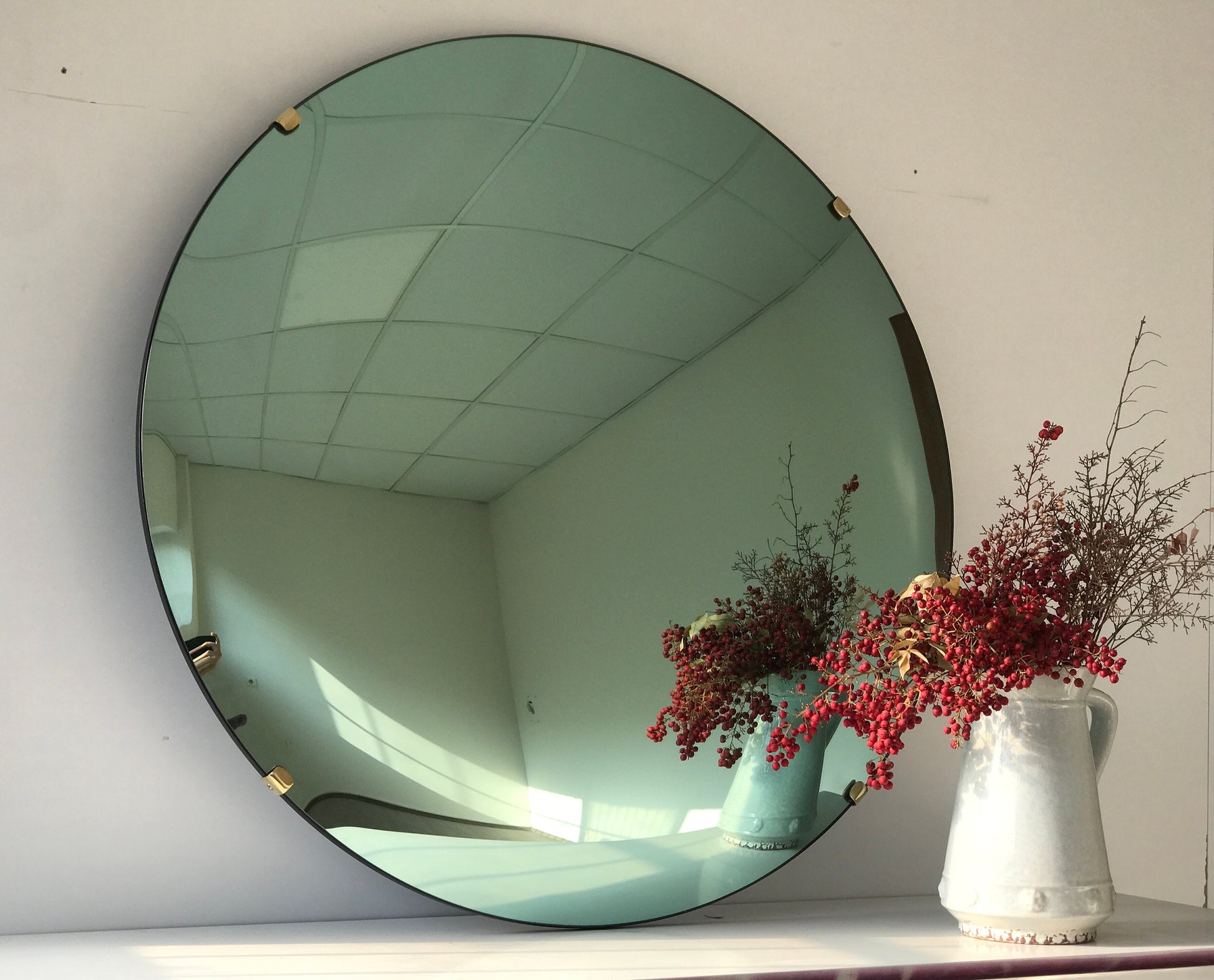 Green Tinted Convex Mirror with Brass Clips, Hand crafted, Wall Mirror, Tinted Mirror, Green Mirror, Space Age Decor, Contemporary, Curve