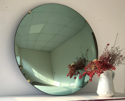 Green Tinted Convex Mirror with Brass Clips, Hand crafted, Wall Mirror, Tinted Mirror, Green Mirror, Space Age Decor, Contemporary, Curve