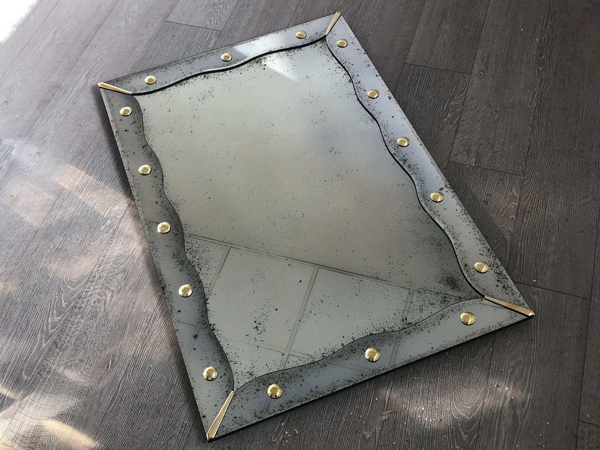 Antiqued Mirror with Brass Detailed, Large Wall Mirror, Frameless Antiqued Mirror, Handmade Antiqued Style, Beveled Mirror