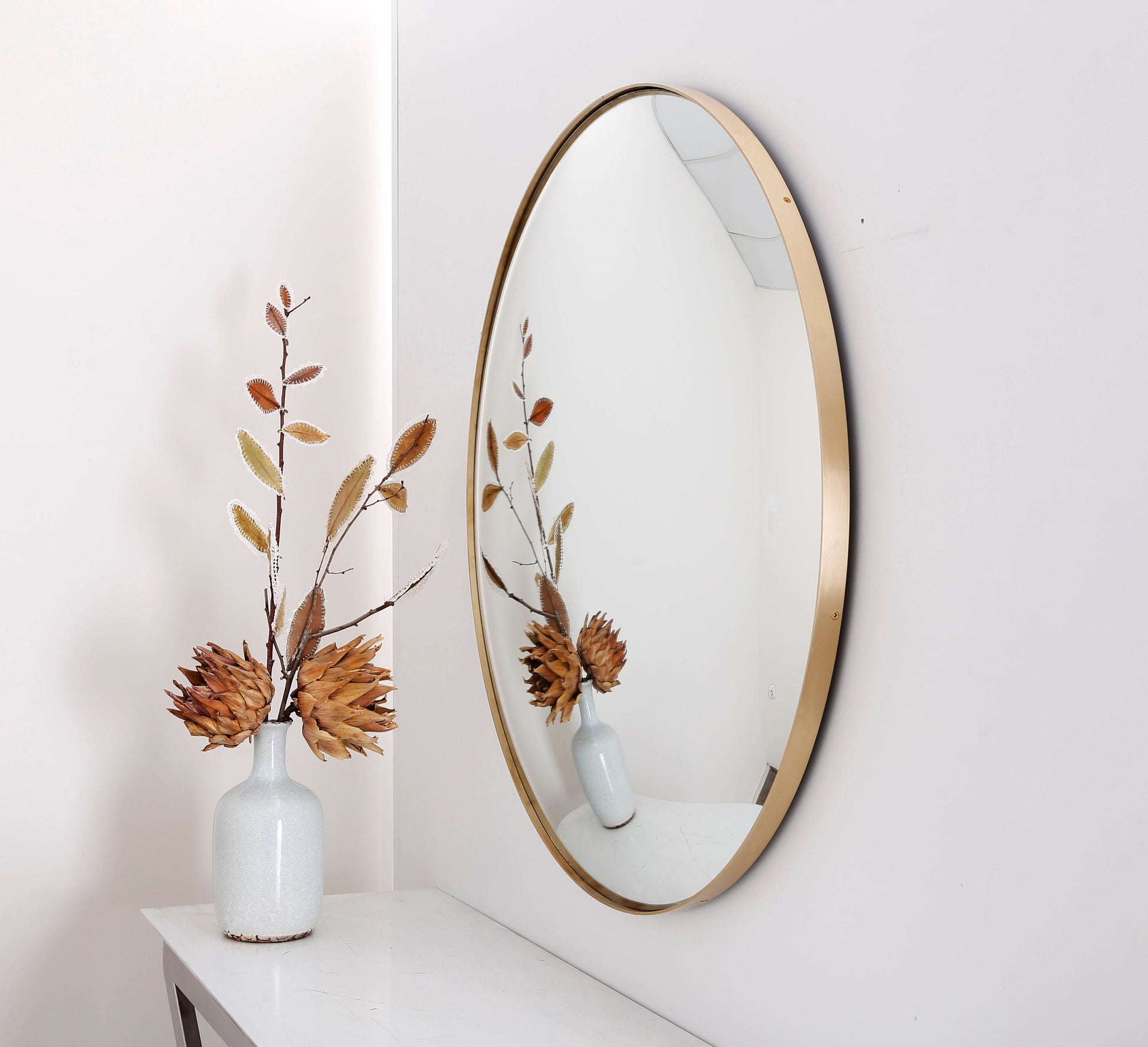 Silver Convex Mirror with Brushed Brass Frame, Hand crafted, Wall Mirror, Space Age Decor, Contemporary, Curve Mirror
