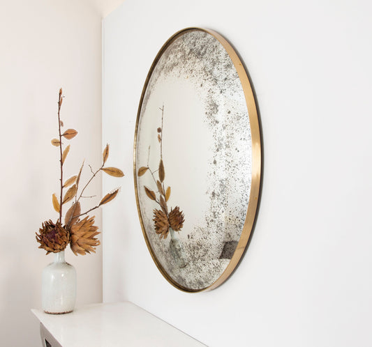 Antiqued Convex Mirror with Brushed Brass Frame, Hand crafted, Wall Mirror, Space Age Decor, Contemporary, Curve Mirror