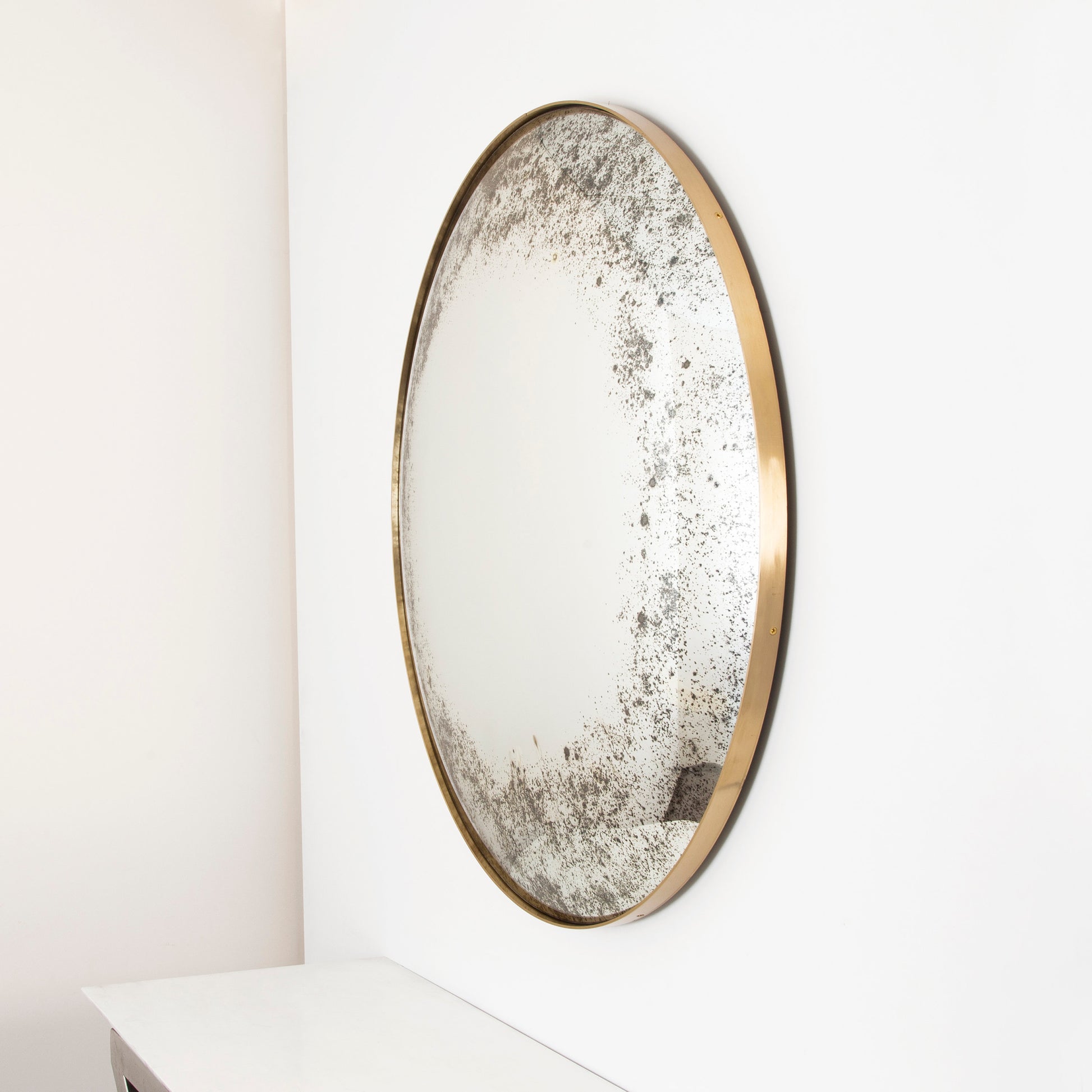 Antiqued Convex Mirror with Brushed Brass Frame, Hand crafted, Wall Mirror, Space Age Decor, Contemporary, Curve Mirror