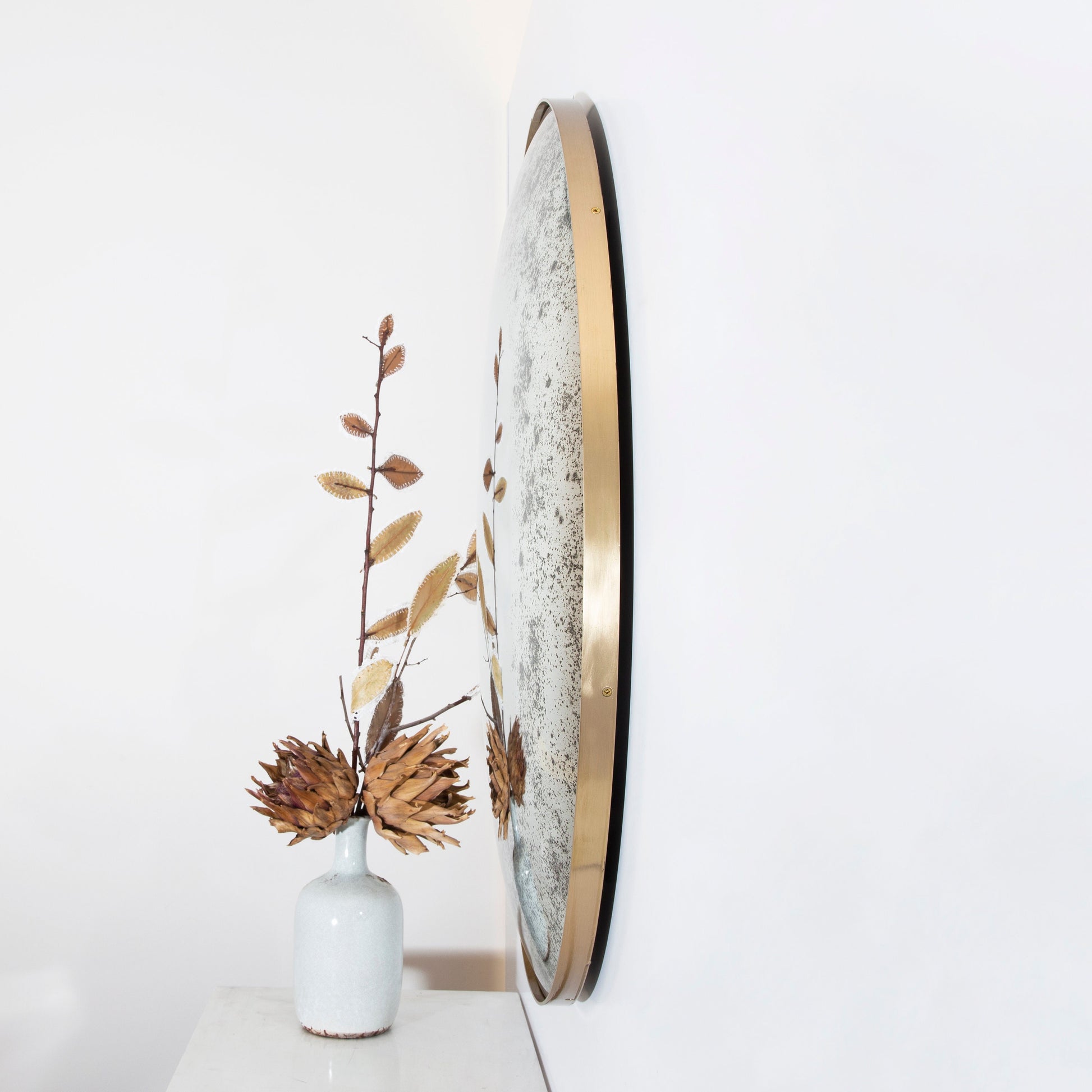 Antiqued Convex Mirror with Brushed Brass Frame, Hand crafted, Wall Mirror, Space Age Decor, Contemporary, Curve Mirror