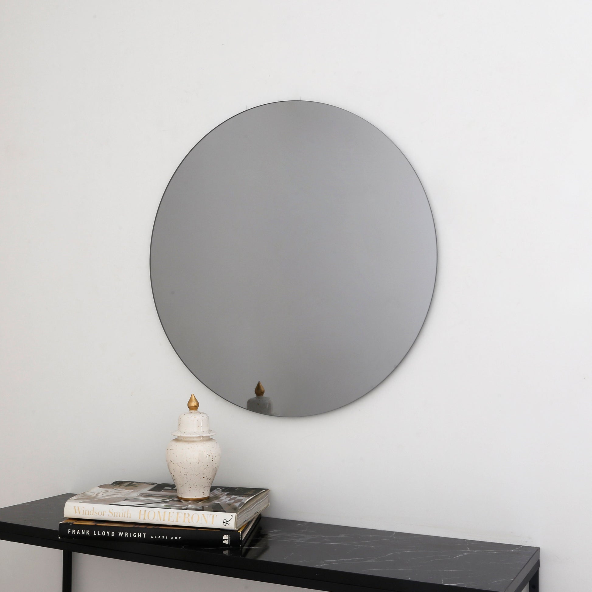 Black Tinted Contemporary Round Frameless Mirror, Minimalist Mirror