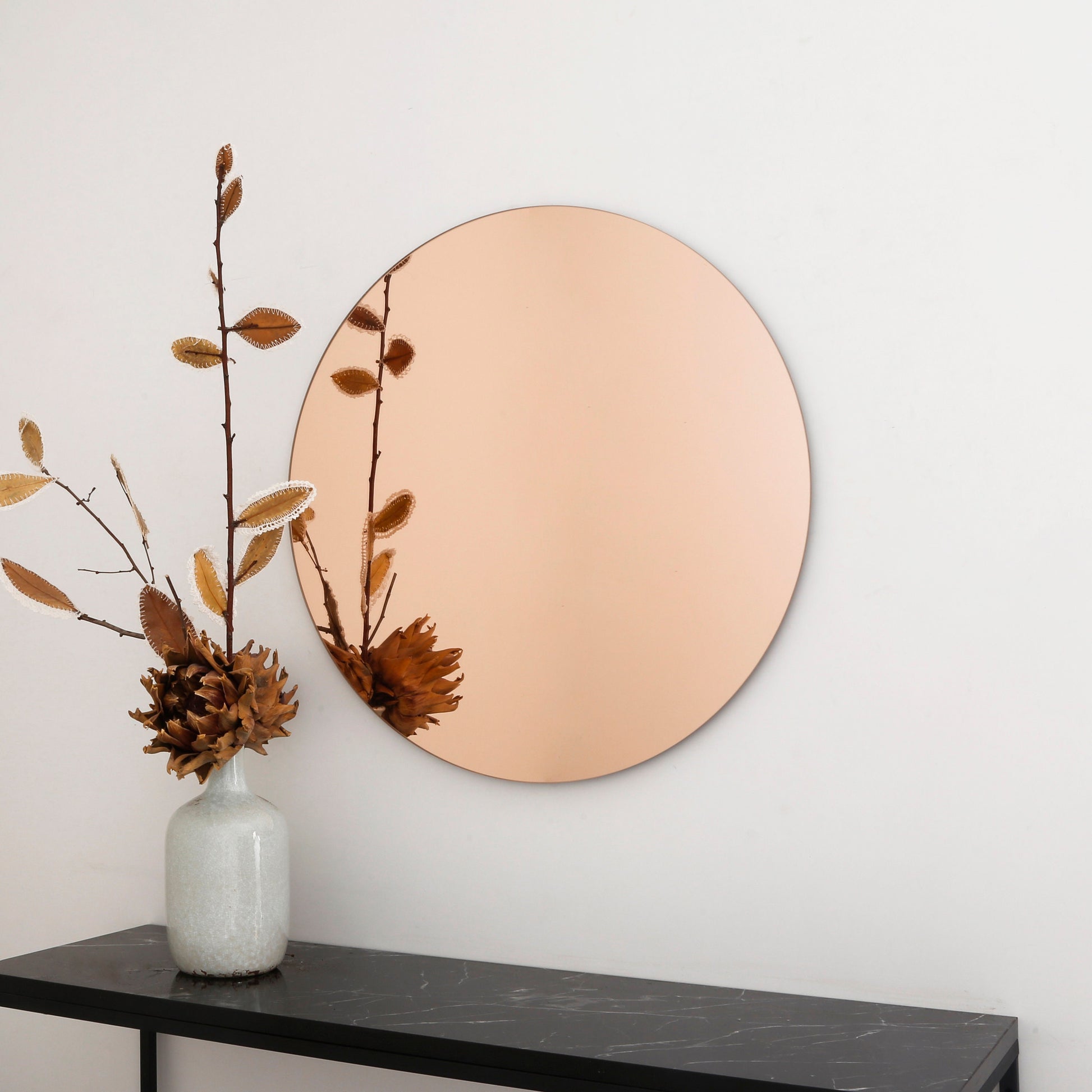 Rose Gold Tinted Contemporary Round Frameless Mirror, Minimalist Mirror
