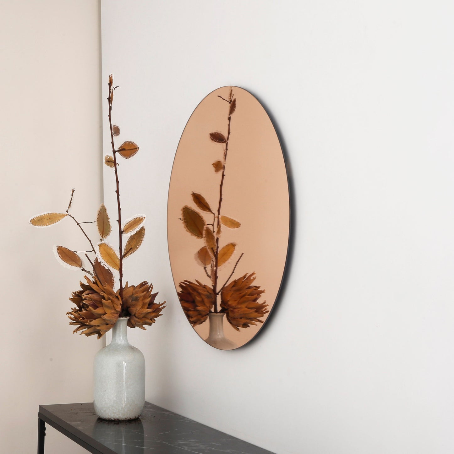 Rose Gold Tinted Contemporary Round Frameless Mirror, Minimalist Mirror
