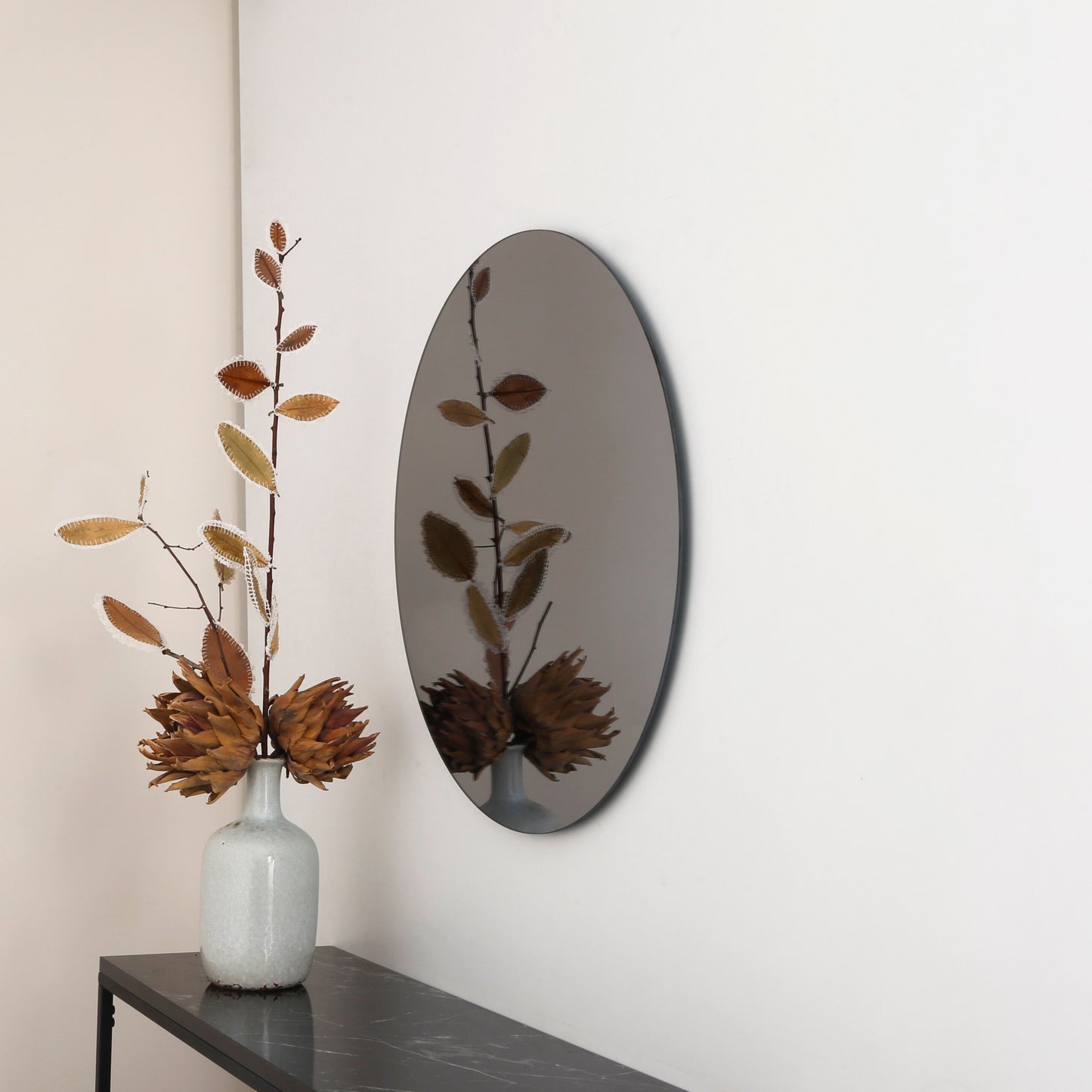Black Tinted Contemporary Round Frameless Mirror, Minimalist Mirror