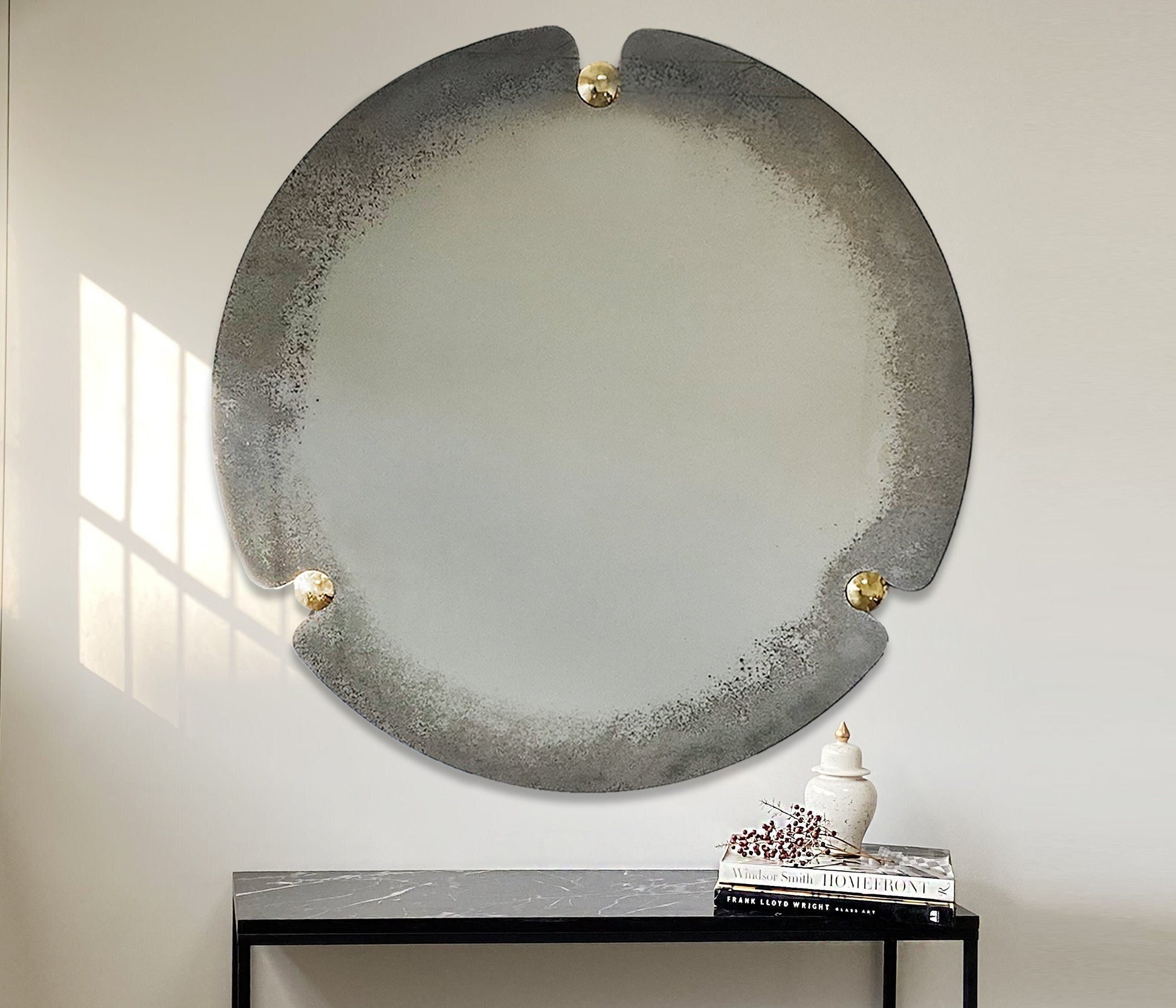 Round Antiqued Mirror with Brass Convex Detailed, Large Wall Mirror, Frameless Antiqued Mirror, Handmade Antiqued Style