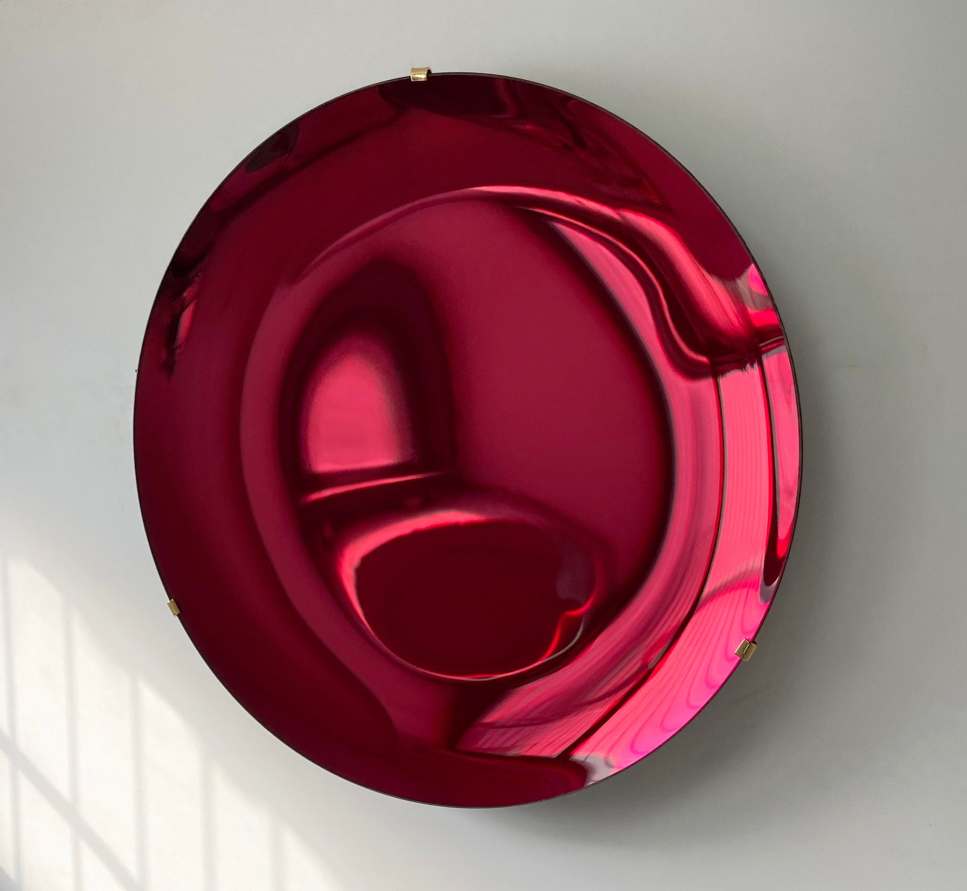 Contemporary Ruby Red Concave Mirror with Brass Clips, Inspired by Space Age decor, Red Mirror, Contemporary Mirror, Hand crafted