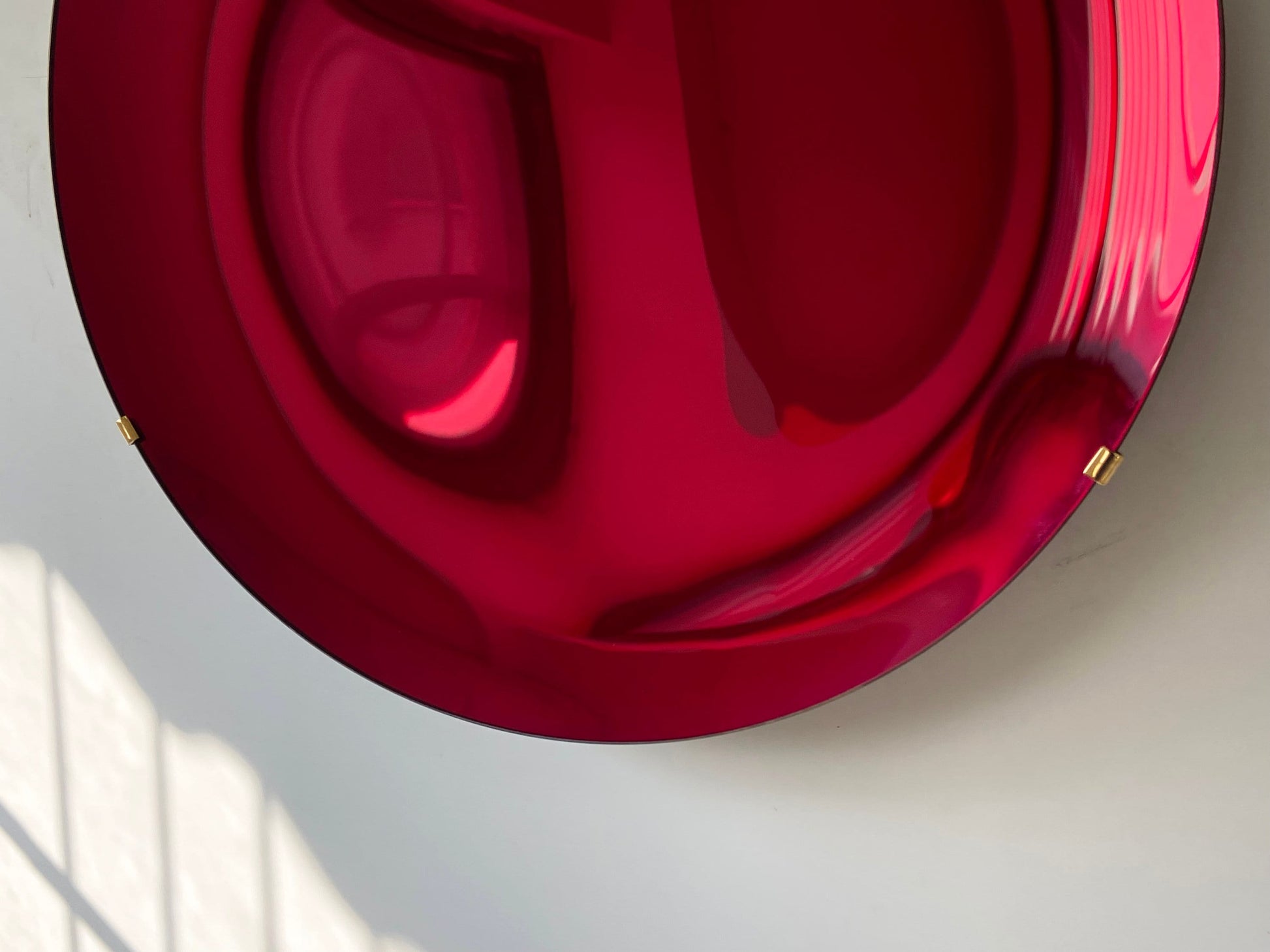 Contemporary Ruby Red Concave Mirror with Brass Clips, Inspired by Space Age decor, Red Mirror, Contemporary Mirror, Hand crafted