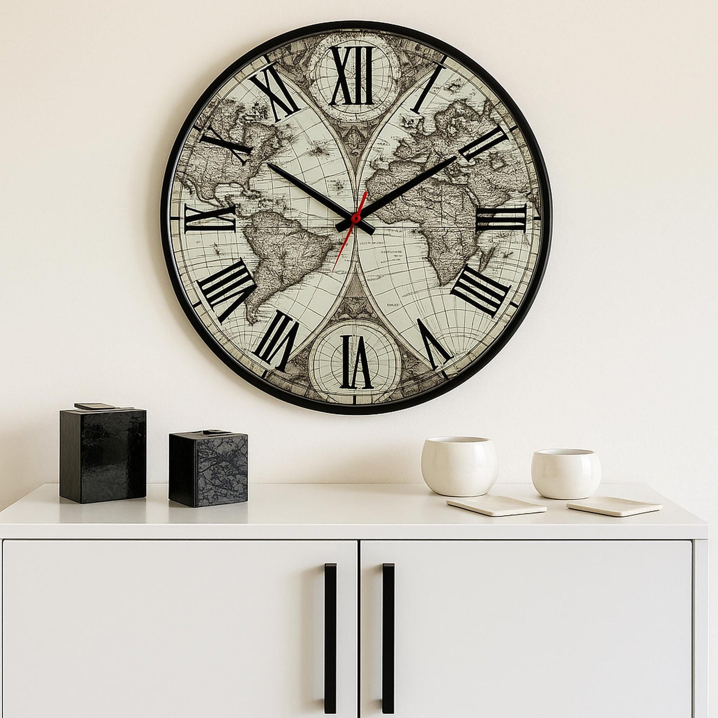 Mirror Wall Clock with Antique World Map & Roman Numerals, Handmade Artistic Glass Design