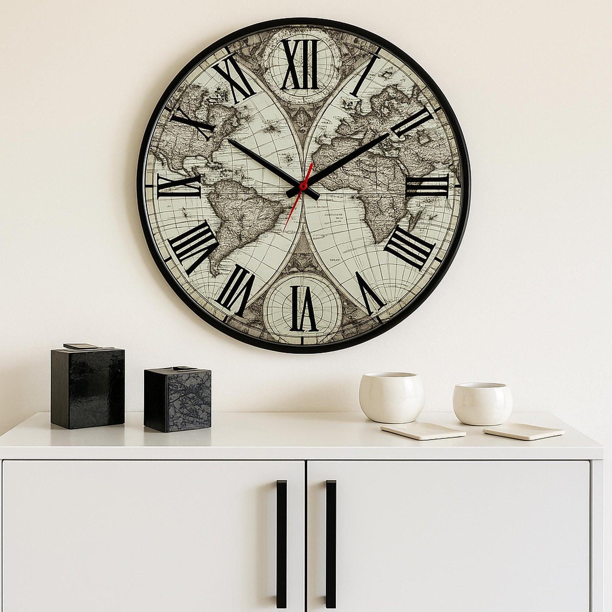 Mirror Wall Clock with Antique World Map & Roman Numerals, Handmade Artistic Glass Design