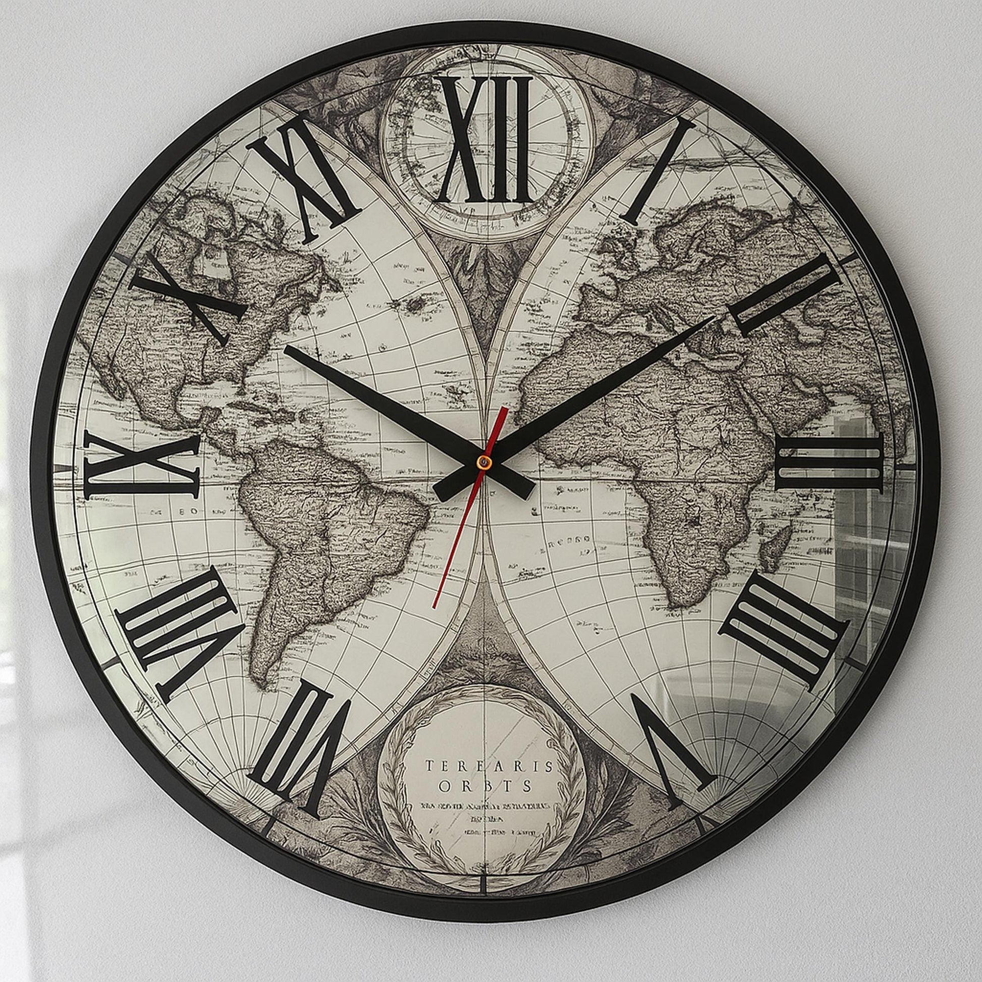 Mirror Wall Clock with Antique World Map & Roman Numerals, Handmade Artistic Glass Design