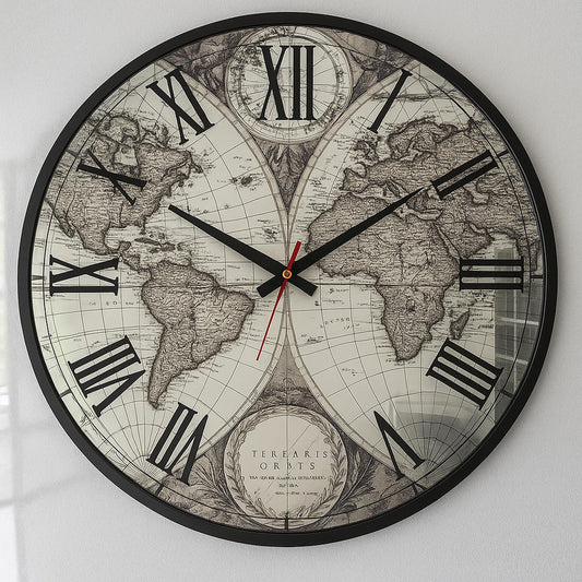 Mirror Wall Clock with Antique World Map & Roman Numerals, Handmade Artistic Glass Design