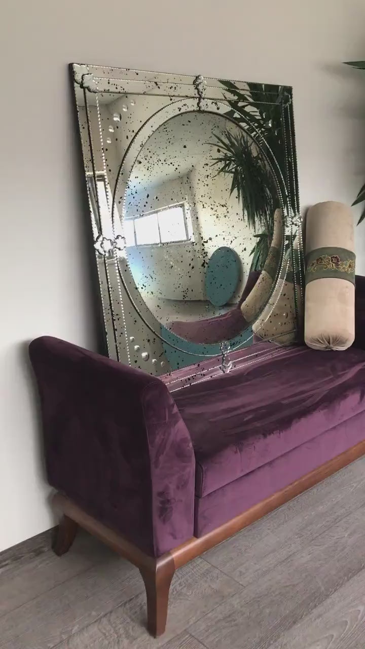 Beveled Antiqued Square Mirror with Convex Mirror, Convex Mirror, Glass Wall Mounted Mirror, OTTO Mirror, Hand crafted