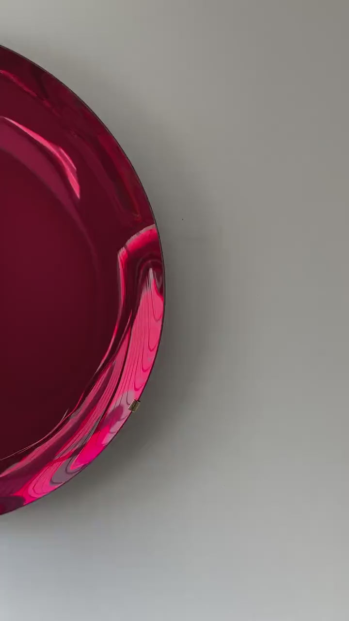 Contemporary Ruby Red Concave Mirror with Brass Clips, Inspired by Space Age decor, Red Mirror, Contemporary Mirror, Hand crafted