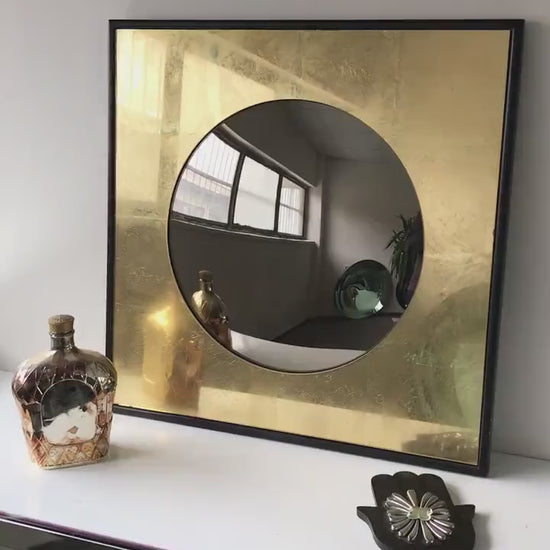 Square Mirror with Bronze Convex Mirror, Convex Mirror, Verre Eglomise, Gold Mirror, Gold Leaf, Hand crafted, Mirror Wall Decor