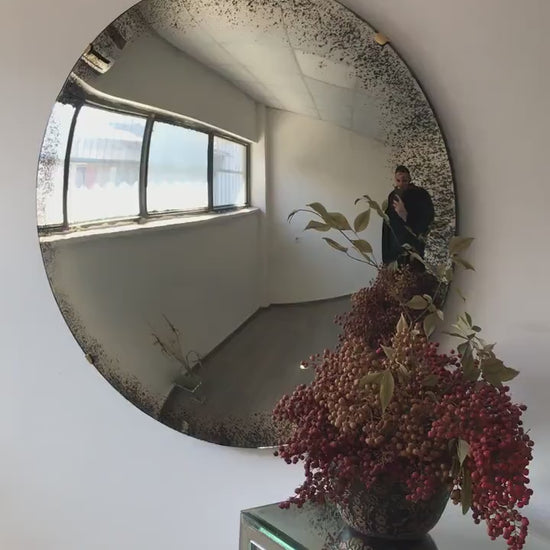 Antiqued Convex Mirror with Brass Clips, Hand crafted, Antiqued Wall Mirror, Curve Mirror, Wall Decor, Space Age