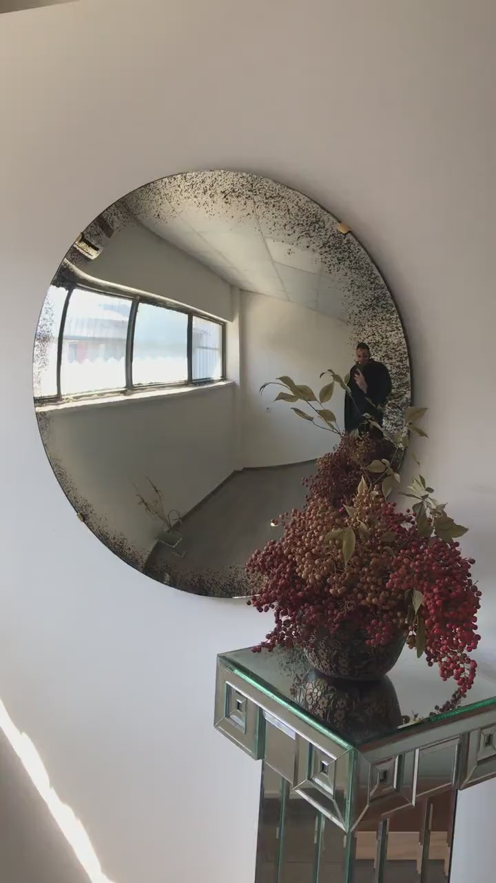 Antiqued Convex Mirror with Brass Clips, Hand crafted, Antiqued Wall Mirror, Curve Mirror, Wall Decor, Space Age