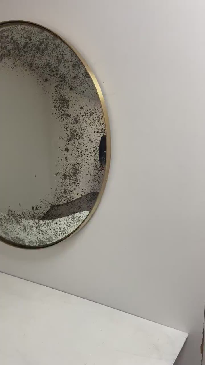 Antiqued Convex Mirror with Brushed Brass Frame, Hand crafted, Wall Mirror, Space Age Decor, Contemporary, Curve Mirror