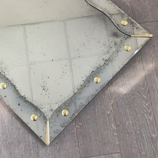 Antiqued Mirror with Brass Detailed, Large Wall Mirror, Frameless Antiqued Mirror, Handmade Antiqued Style, Beveled Mirror