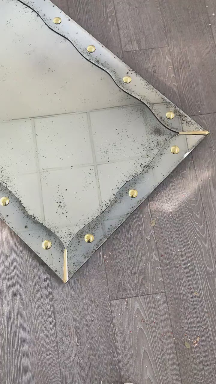 Antiqued Mirror with Brass Detailed, Large Wall Mirror, Frameless Antiqued Mirror, Handmade Antiqued Style, Beveled Mirror